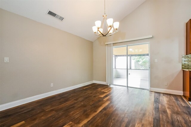 spare room featuring high vaulted ceiling, visible vents, dark wood-type flooring, a chandelier, and baseboards