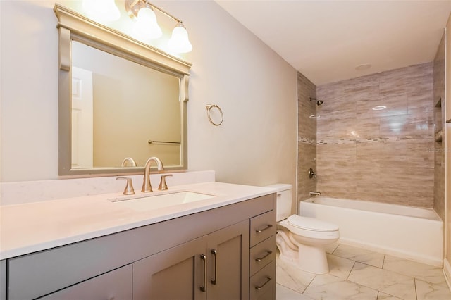 full bath featuring marble finish floor, shower / tub combination, vanity, and toilet