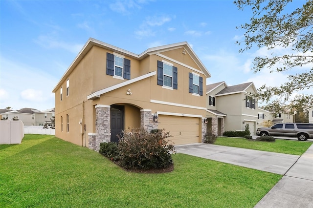 traditional home with fence, stone siding, concrete driveway, stucco siding, and a front lawn