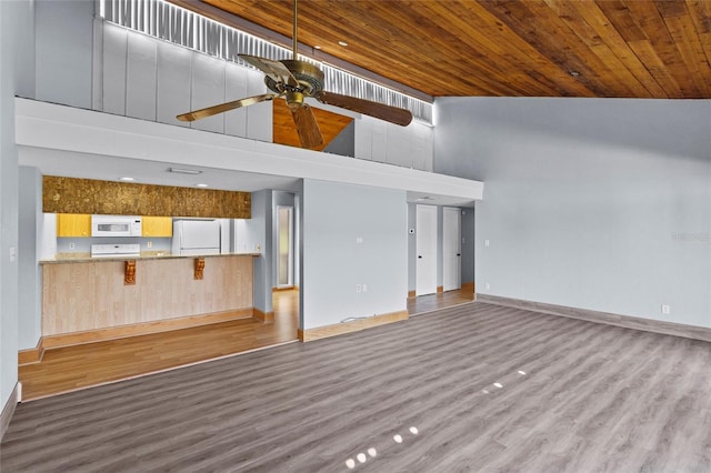 2297 Burnway Rd Unit 2297, Haines City, FL 33844 - unfurnished living room featuring a high ceiling, wooden ceiling, wood finished floors, and a ceiling fan