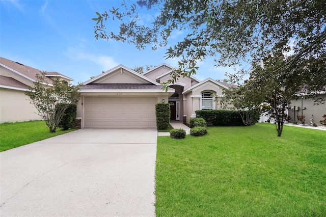 ranch-style home featuring an attached garage, a front lawn, and stucco siding