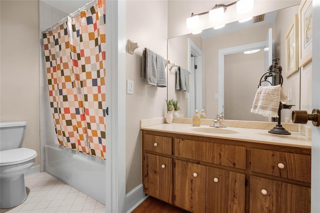 bathroom with toilet, visible vents, vanity, tile patterned floors, and shower / bath combination with curtain