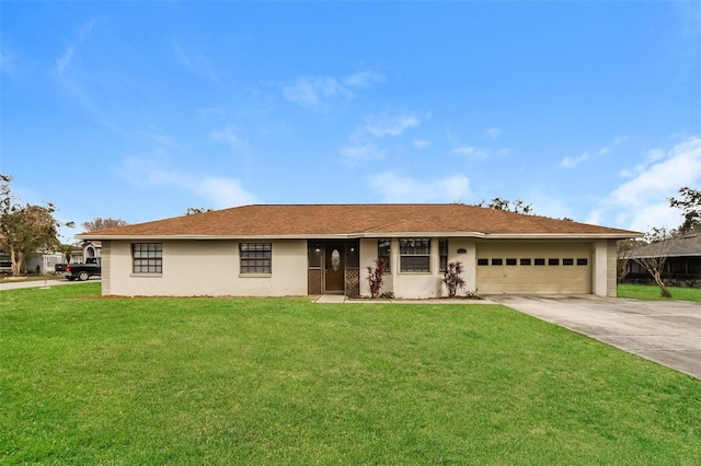 single story home with driveway, an attached garage, a front lawn, and stucco siding