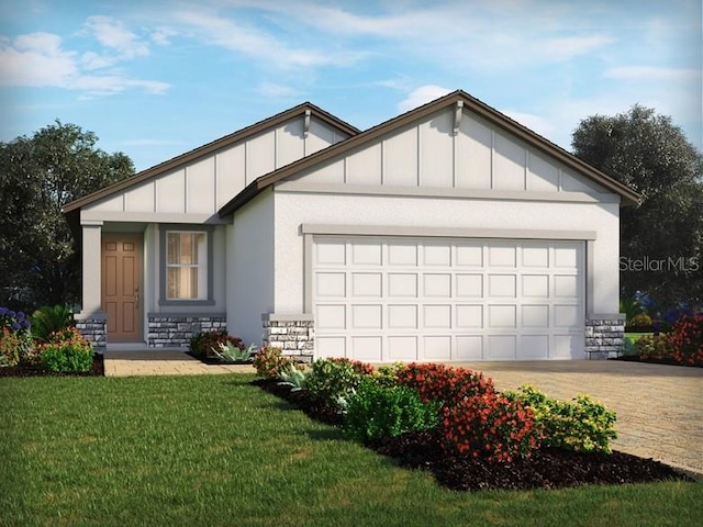 view of front of property featuring a garage, stone siding, driveway, and board and batten siding