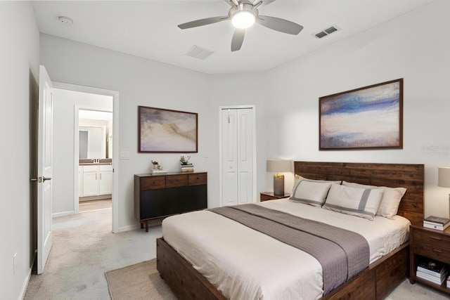 bedroom with ceiling fan, light carpet, visible vents, baseboards, and a closet