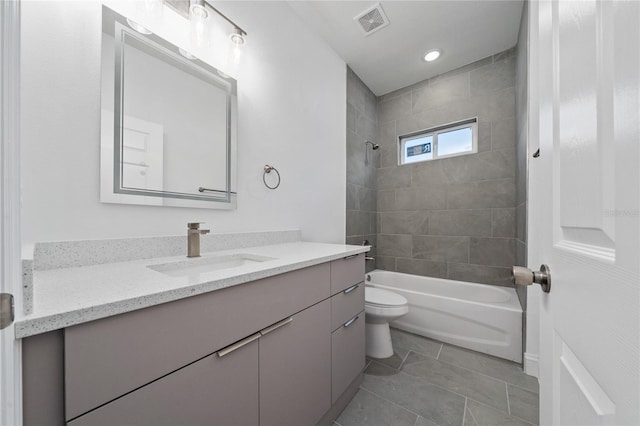 full bath featuring shower / bathtub combination, visible vents, toilet, vanity, and tile patterned floors