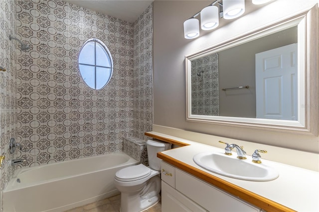 full bath featuring shower / bathing tub combination, toilet, tile patterned flooring, and vanity