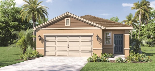 view of front of house featuring a garage, a tile roof, concrete driveway, stucco siding, and a front yard