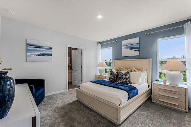 bedroom featuring carpet flooring, ensuite bath, baseboards, and multiple windows