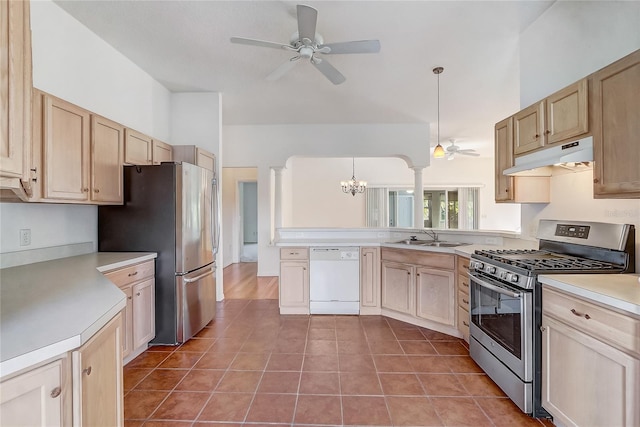 kitchen with under cabinet range hood, stainless steel appliances, a sink, and light brown cabinetry