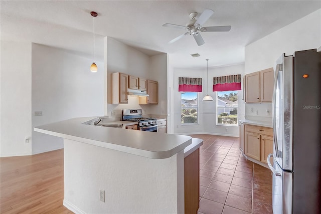 kitchen with a ceiling fan, appliances with stainless steel finishes, light countertops, under cabinet range hood, and a sink