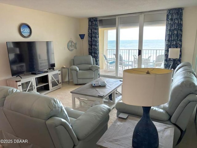 living area featuring a wall of windows, a water view, and carpet flooring