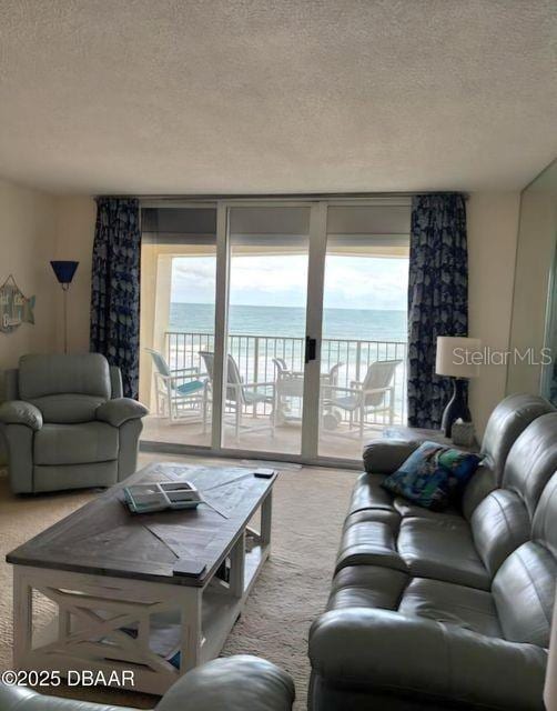 living area featuring plenty of natural light, a textured ceiling, a water view, and light carpet