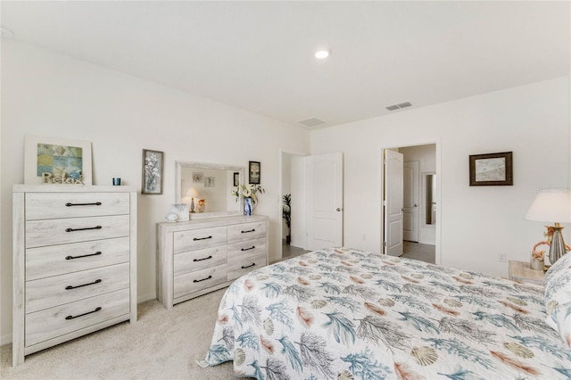 bedroom with light carpet and visible vents