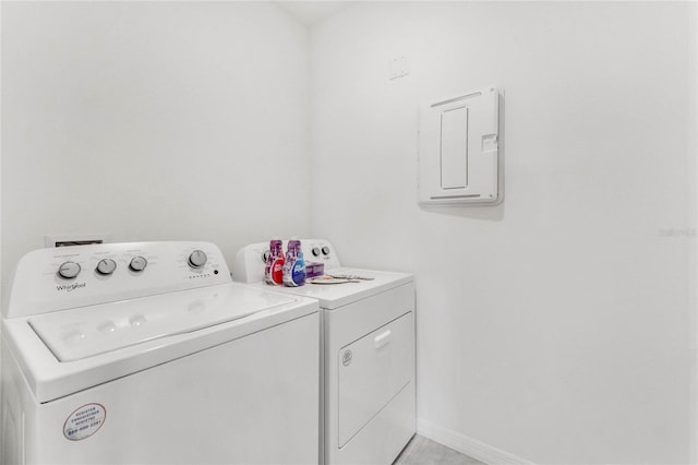 washroom featuring laundry area, washer and clothes dryer, electric panel, and baseboards