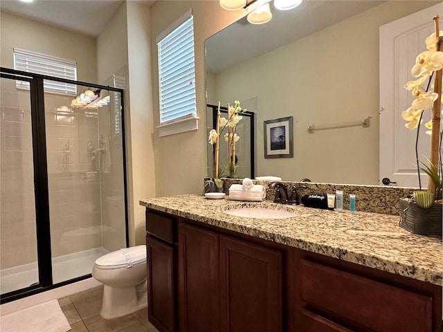 full bath featuring a stall shower, tile patterned flooring, and toilet