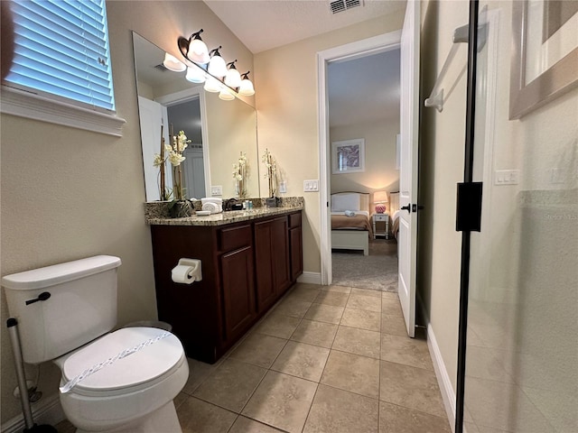 full bathroom with baseboards, visible vents, toilet, tile patterned floors, and ensuite bathroom