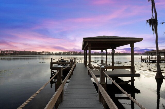 dock area with boat lift and a water view