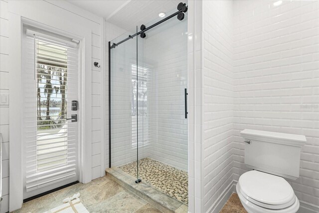 bathroom with a stall shower and toilet