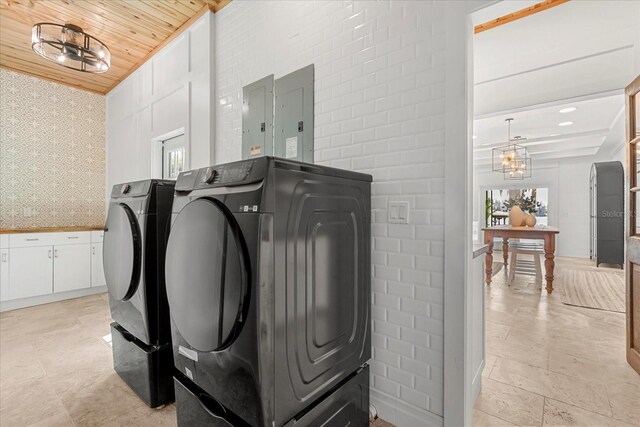 laundry room with wooden ceiling, electric panel, laundry area, and washer and clothes dryer