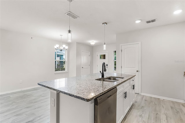 kitchen with stainless steel dishwasher, a sink, visible vents, and white cabinetry