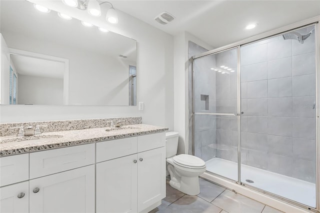 bathroom with toilet, a sink, visible vents, a shower stall, and tile patterned floors