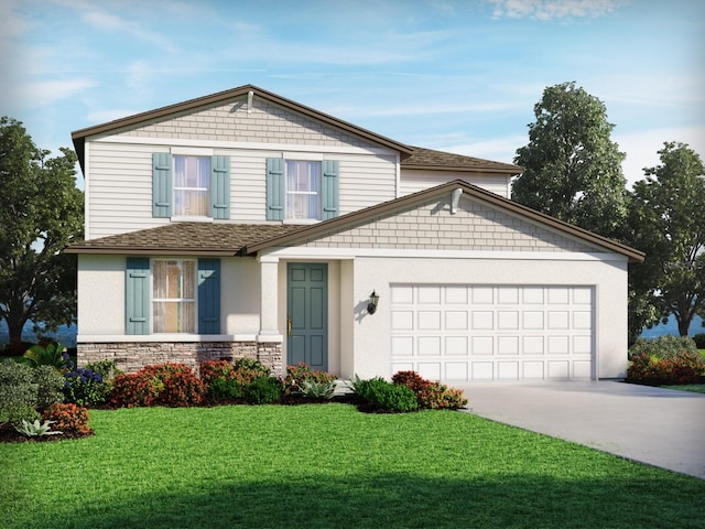 craftsman-style home with stucco siding, an attached garage, a front yard, stone siding, and driveway