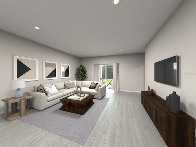 living room featuring light wood-style flooring, baseboards, and recessed lighting