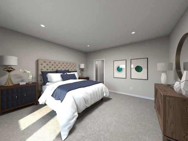 bedroom with light carpet, recessed lighting, and baseboards