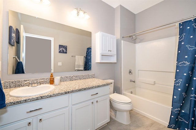 full bathroom with toilet, tile patterned flooring, shower / bath combo, and vanity