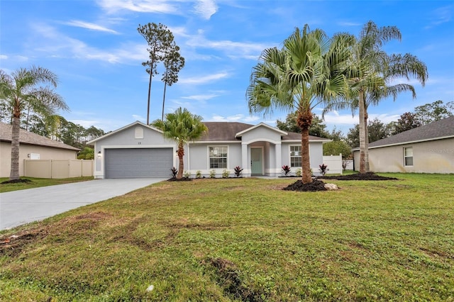 ranch-style home with a garage, a front yard, driveway, and stucco siding