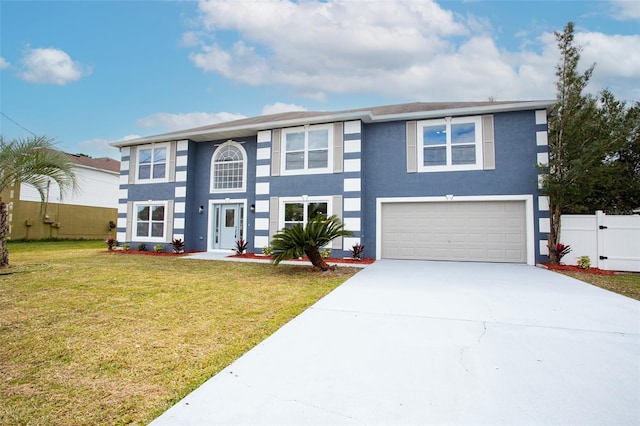 view of front of home with a garage, fence, driveway, stucco siding, and a front lawn