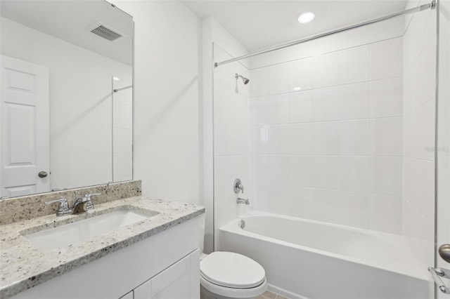 bathroom with tub / shower combination, visible vents, toilet, recessed lighting, and vanity