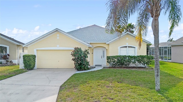 ranch-style home with a front lawn, concrete driveway, an attached garage, and stucco siding