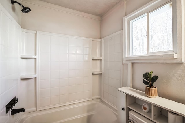 full bath with ornamental molding and shower / tub combination