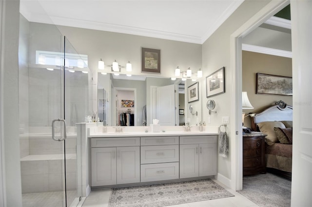 ensuite bathroom featuring double vanity, ensuite bathroom, ornamental molding, a stall shower, and a sink