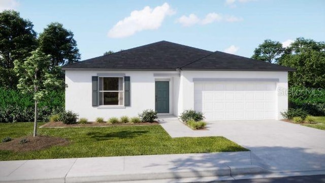 ranch-style house with driveway, stucco siding, roof with shingles, an attached garage, and a front yard