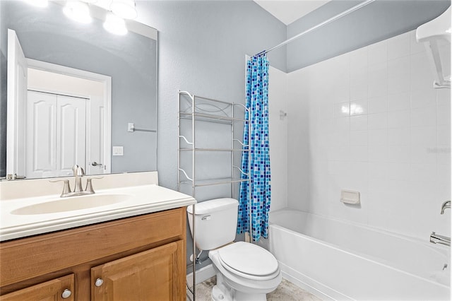 bathroom featuring toilet, shower / bathtub combination with curtain, and vanity