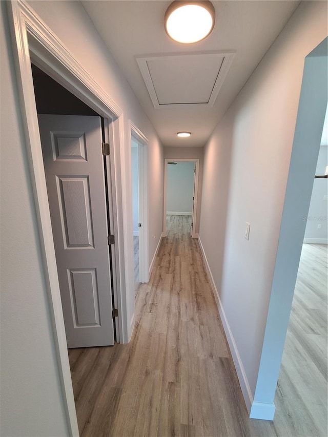 hall featuring light wood-style floors and baseboards