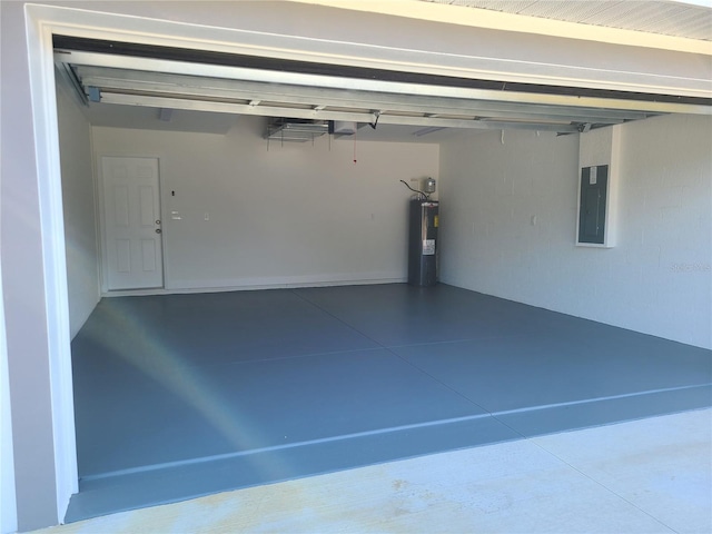 garage featuring electric panel, a garage door opener, and electric water heater