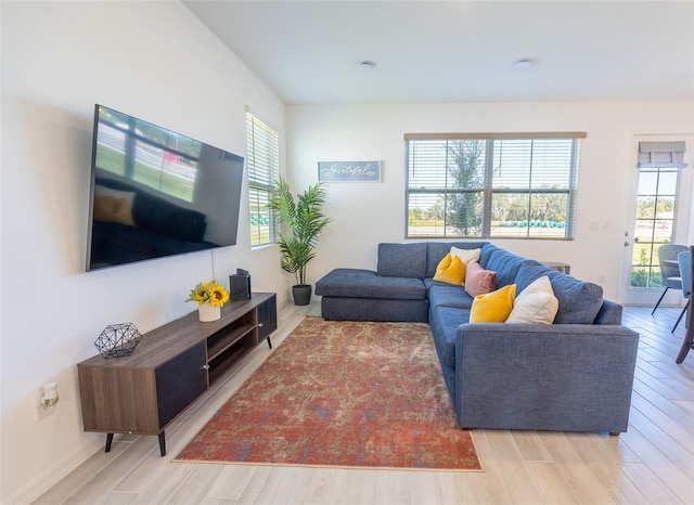 living room featuring wood finished floors and baseboards