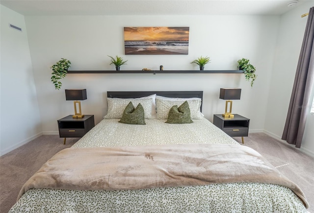 carpeted bedroom featuring a fireplace, visible vents, and baseboards