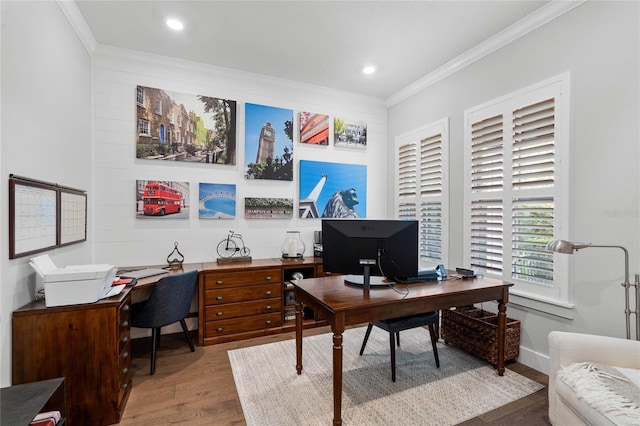 office featuring recessed lighting, crown molding, and wood finished floors