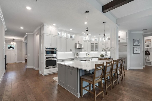 kitchen with dark wood-style floors, light countertops, appliances with stainless steel finishes, a sink, and under cabinet range hood