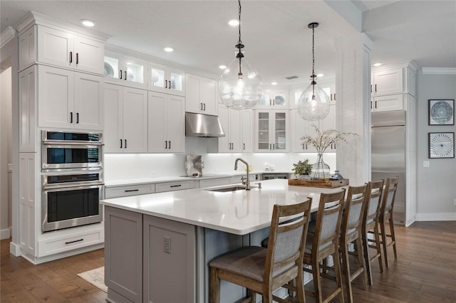 kitchen with under cabinet range hood, a sink, white cabinetry, light countertops, and appliances with stainless steel finishes