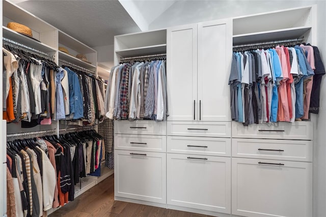 walk in closet with wood finished floors