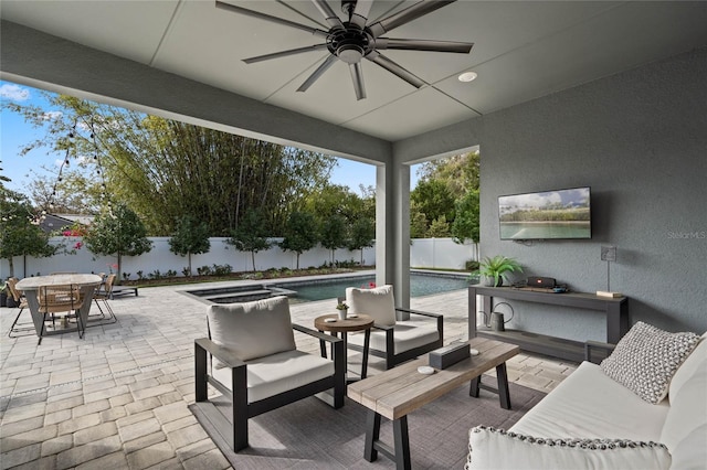 view of patio featuring a ceiling fan, a fenced in pool, a fenced backyard, an outdoor hangout area, and outdoor dining area