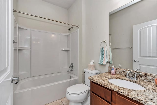 full bathroom with shower / bath combination, vanity, toilet, and tile patterned floors