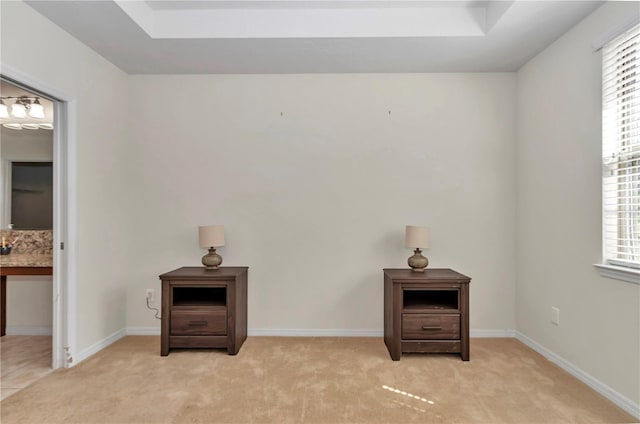 interior space featuring baseboards, a raised ceiling, and light colored carpet