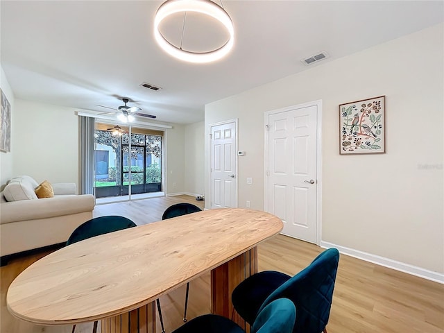 1410 Stockton Dr, Sanford, FL 32771 - dining area featuring ceiling fan, light wood finished floors, visible vents, and baseboards